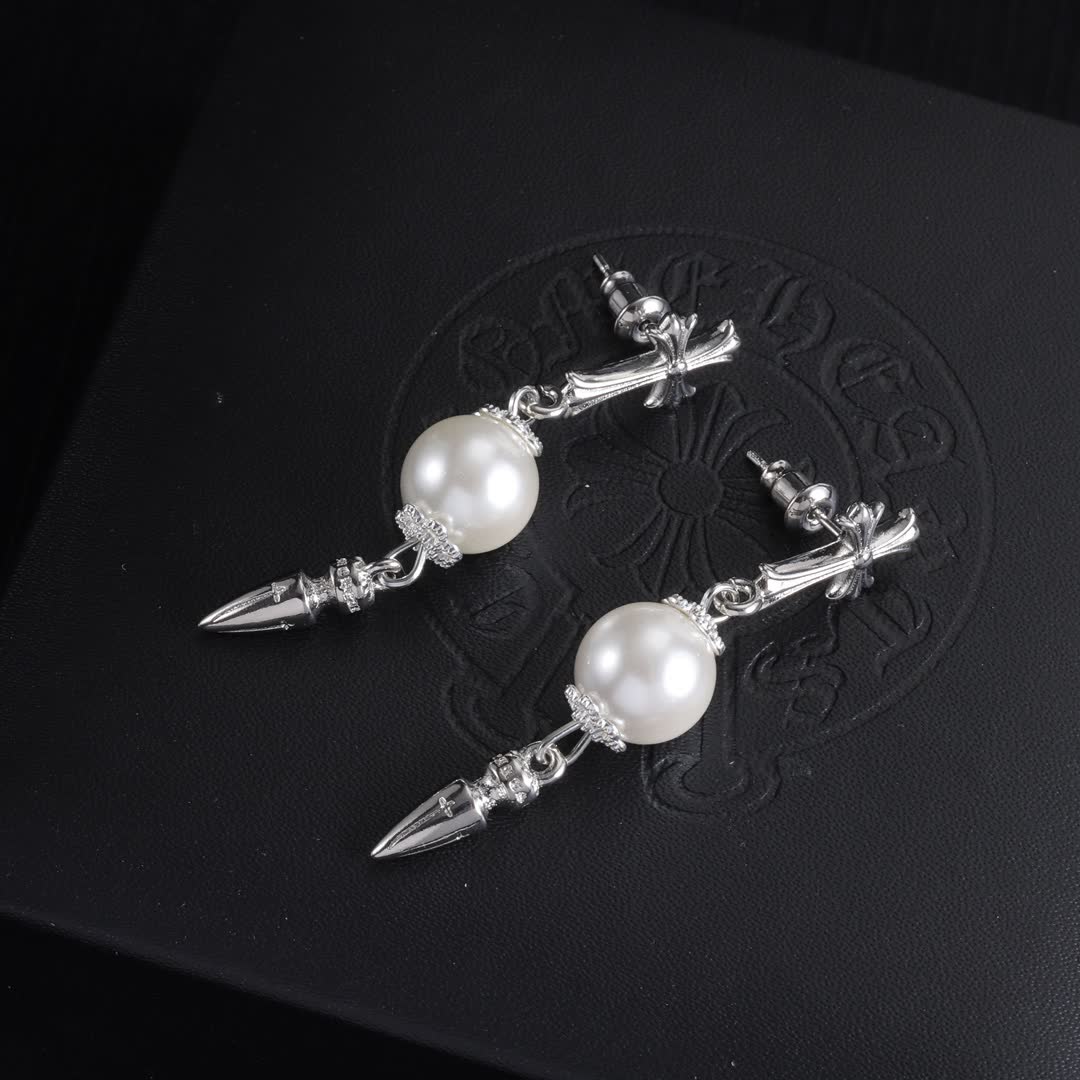 Chrome Hearts Silver Cross and Pearl Earrings